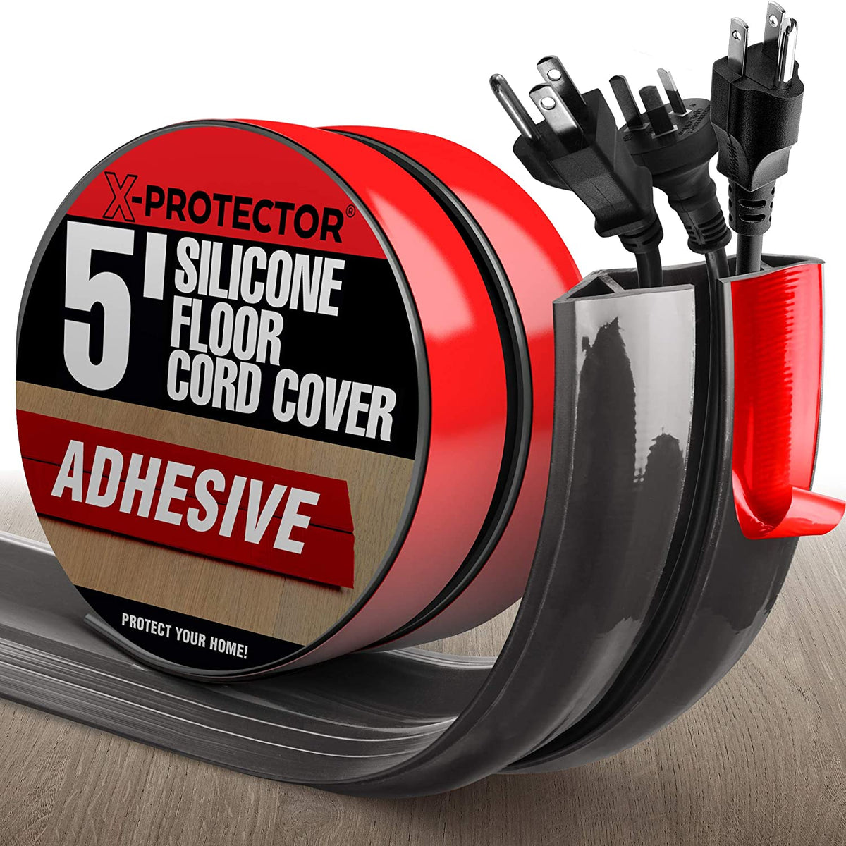 Black Floor Cord Cover with Adhesive Tape for Any Flooring Surface  Overfloor Cord Protector Cable Grip Strip Management Hold Cords in Place  for Power